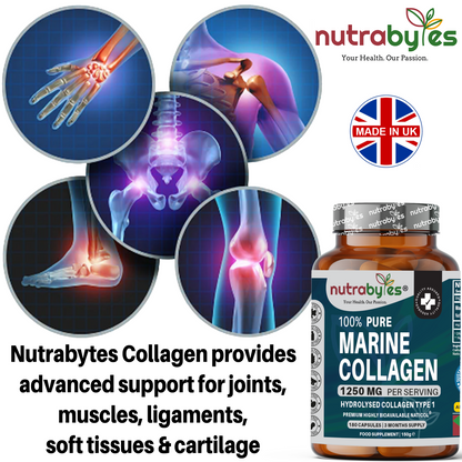 Pure Marine Collagen Supplement | 1250mg High Strength Collagen Capsules | Hydrolysed Marine Collagen Protein Peptides Type 1 | 180 Collagen Capsules | 3-month supply | Made in UK